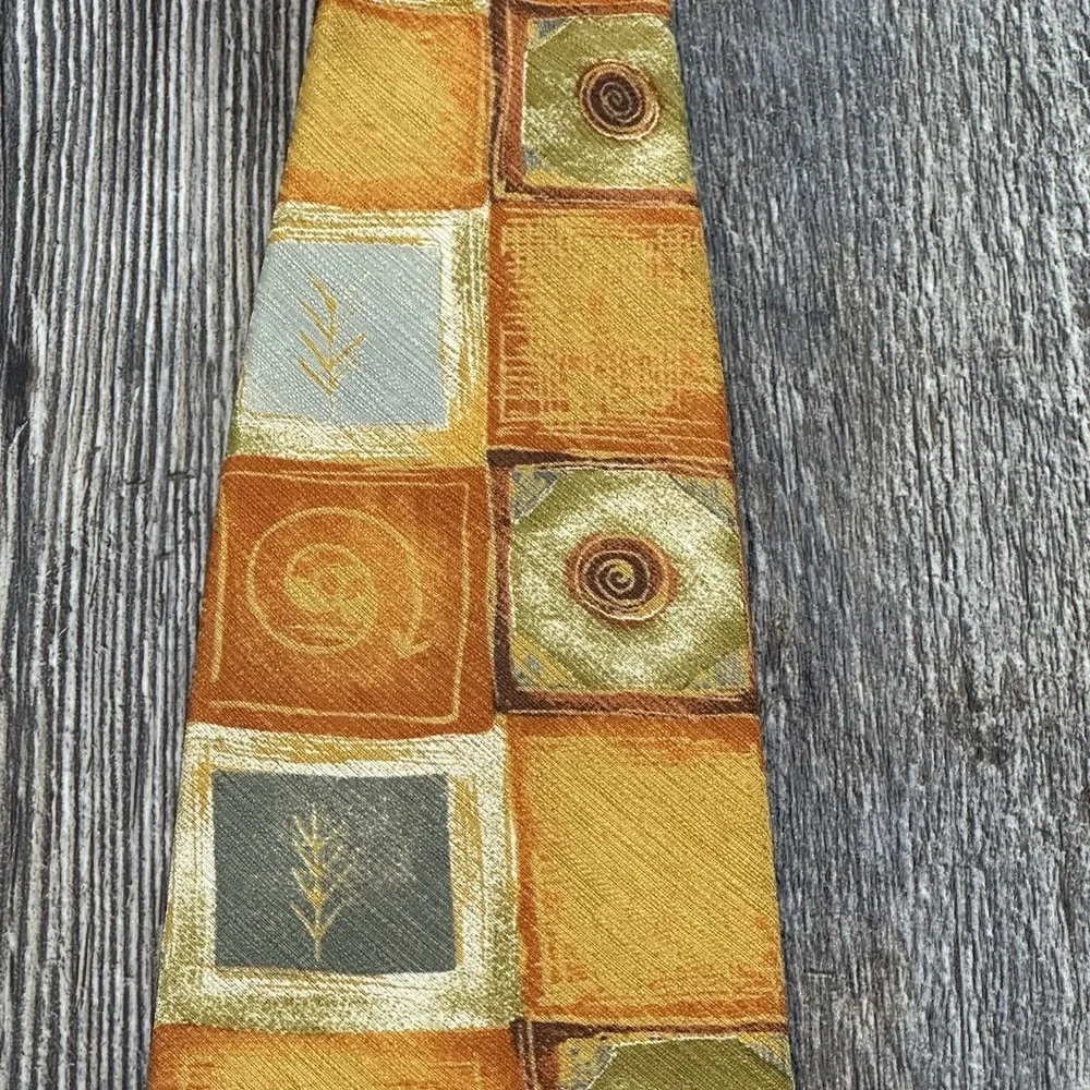 Ermenegildo Zegna 100% Silk‎ Tie Geometric Square Pattern Gold Orange Gray Italy